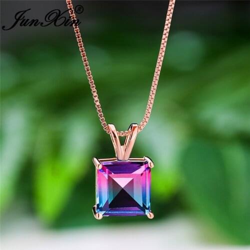 Gradient Two Tone Blue Pink Green Zircon Square Pendant Wedding Necklaces For Women Rose Gold Rainbow Crystal Stone Necklace Cz