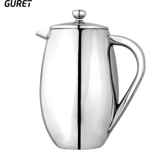 GURET 350ml Coffee Pot French Press Coffee Maker Double Walled Coffee Kettle Stainless Steel Moka Coffee Filter Pot Anti-scald