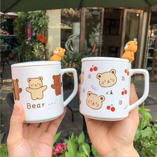 Cute Cartoon Bear Mugs With Lid Korean Style Ceramic Water Bottle With Lovely Spoon Office Tea Coffee Milk Breakfast Fresh Cup