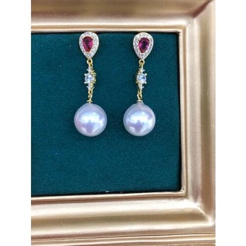 MJ114 Solid S925 Silver Round 11-12mm Nature Fresh Water White Pearls Drop Dangle Earrings for Women Fine Presents with Zircons