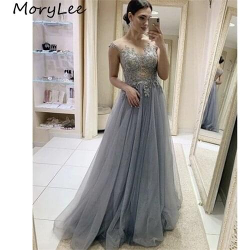 Fashion Evening Dresses Scoop Sleeveless Sweep Train A-Line Soft Tulle Lace Crystal Evening Dresses vestidos de fiesta de noche