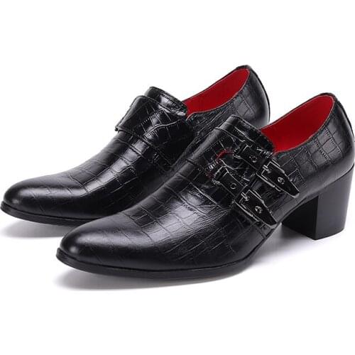 Shoes men High Heels Embossed Leather Black Men Goodyear Oxfords Shoes Wedding Dress Shoes For Male Double Buckle Party Oxfords