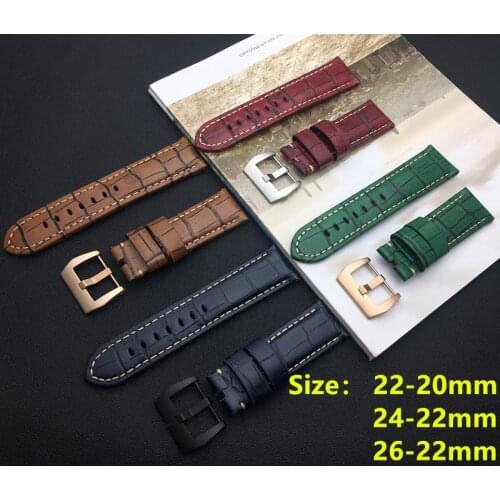 Real Genuine retro bamboo Leather Watch band Men 22mm 24mm 26mm watchband Accessories For Panerai Strap black clasp buckle