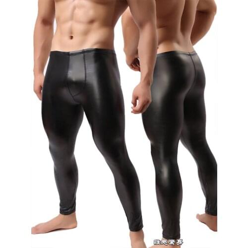 New High Elastic Mens Black Faux Leather Latex Pencil Leggings Wetlook Bondage Active Exotic Pants Gay Male Clubwear Slips M-XL