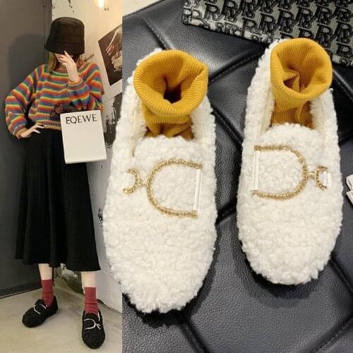 ZEEKSON Winter Flat Peas Shoes Fashion Lazy One-foot Single Shoes Plush Shoes Women Warm Shallow Mouth Plus Velvet Womens Shoes