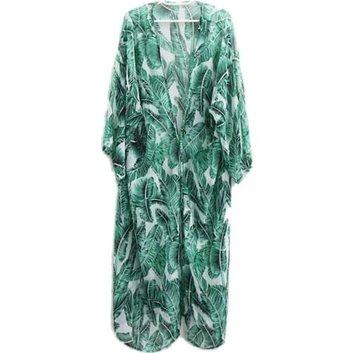 Leaves Print Bikini Beach Cover up Tunics for Beach Long Kaftan Bikini Cover up Robe de Plage Sarong Beach Swimsuit cover-ups