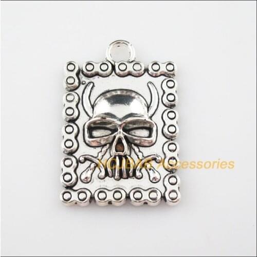 2Pcs Tibetan Silver Color Halloween Skull Rectangle Charms Pendants 29x43mm