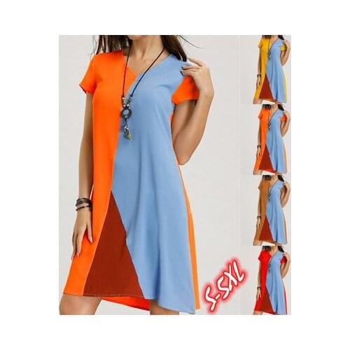 Plus Size s-5xl Womans Colorblock Splicing Print Casual Dress Loose Ladies Summer Female V-neck Pullover Short Sleeve Dress
