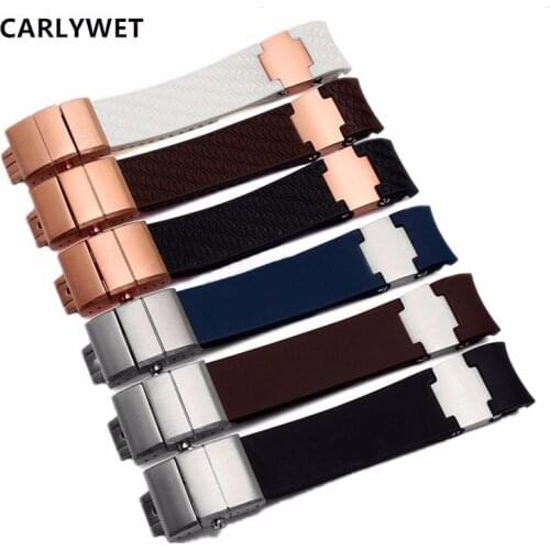 CARLYWET 22mm(20mm buckle)Black Brown White Waterproof Cruved End Rubber Watch Band Strap Silver Clasp For Ulysse Nardin
