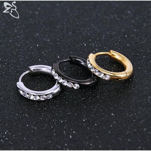 ZS 1 Pair Stainless Steel Small Hoop Earrings For Women Men Circle CZ Crystal Earrings 3 Color Simple Round Ear Piercing Jewelry