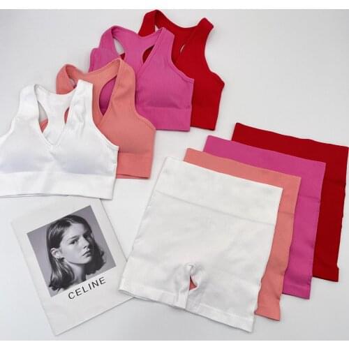 GAUENEEN 2 Piece Ribbed Seamles Yoga Sets Fitness Clothing Shorts Set Women V Neck Sports Bra Shorts Workout Clothes Tracksuit