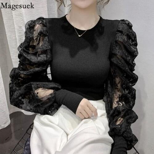 Puff Long Sleeve Knitted Lace Blouse 2021 Autumn O Neck Long Sleeve Shirts Sweet Fashion Women Tops Clothes Blusas Mujer 15997