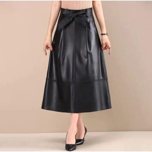 Long leather skirt 2019 winter balck sheepskin skirts womens a line office ladies high quility zipper party wrap plus size skirt