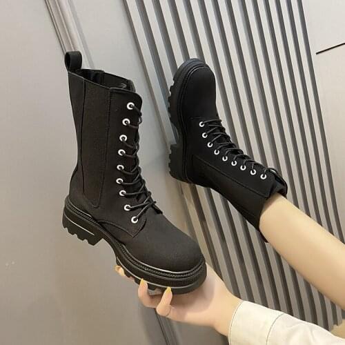 Women Combat Boots Female Square Toe Rubber Sole Motorcycle Boots Nice Autumn Gothic Shoe Brown Black Leather Women Ankle Boots