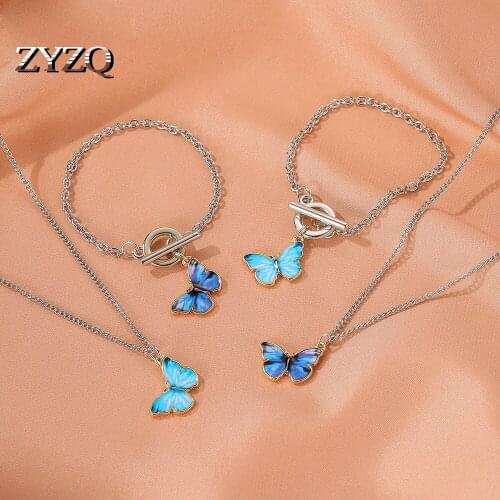 ZYZQ Korean Version of Ins Butterfly Bracelet Necklace Set Word Buckle Alloy Bracelet for Women Valentines Day Gift