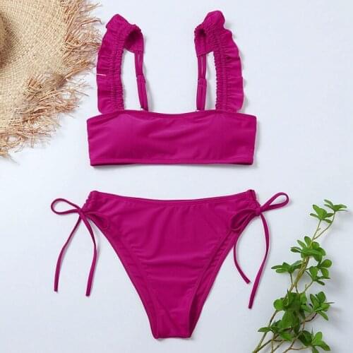 Womens Swimsuit Thin Straps Pleated Wrap Bikini Suit 2-Piece Swimsuit