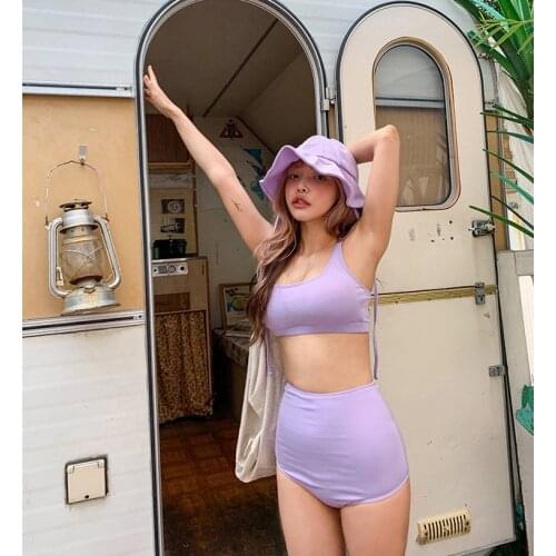 2021 Two Pieces Swimsuit Women Solid Sexy Swimwear Monokini Push Up Swim Suit Korea Bathing Suit Pad Female Bikini Set with Hat