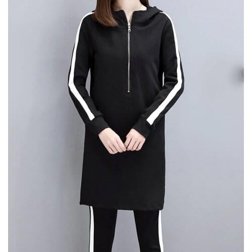 IN stock 2020 Slim Black Hoodies Women Set Plus Size Stripe Side Casual Two Piece Set Women Zipper Long Hooded Sweatshirt + Pant