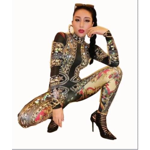 Fashion Gold Spandex Printed Stretch Rhinestones Jumpsuit Womens Sexy Bodysuit Costume Stage Outfit Singer Dancer Performance