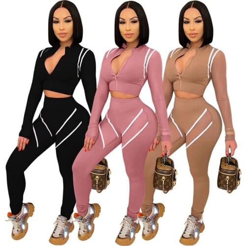2021 Spring Sports Suit Women Tracksuit Two Piece Fitness Outfit Long Sleeve Zipper Top Pencil Pants Matching Set Mesh Patchwork