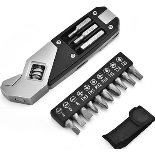17 in 1 Stainless Steel Adjustable Wrench Foldable Pocket EDC Multi Tool Multifunctional Spanner Screwdriver Bits Kit Camping
