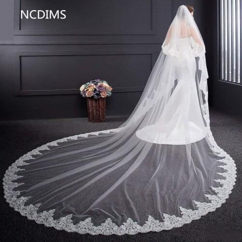2019 Wedding Veils Lace Appliqued Cathedral Length Bridal Veils with Comb Real Pictures Custom Made Two Layers Wedding Veil
