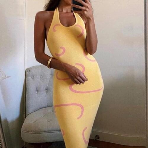 2021 Summer Beach Robe Vestidos Women Sexy Backless Midi Dressbodycon Halter O Neck Yellow Sleeveless Party Sexy Dresses