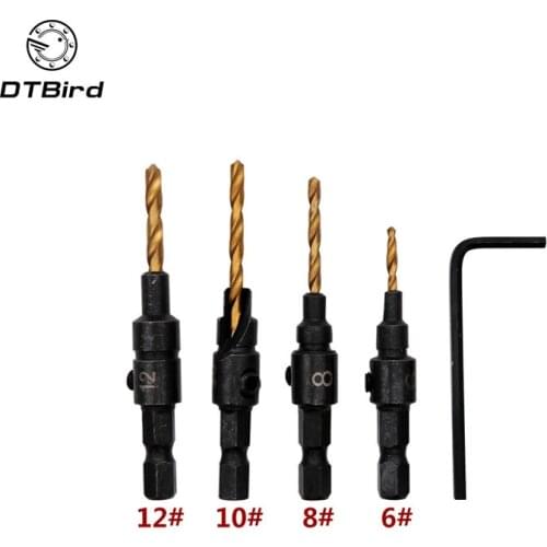 4PCS 6# 8# 10# 12# 1/4 Hex Quick Change Shank Countersink Tapered Drill Bit Cone Reaming Drill Bit Set Wood Woodworking Tools