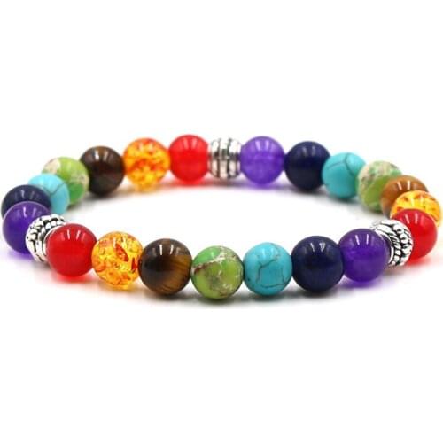 Colorful Chakra 8mm Yoga Tiger Eye Volcanic Stone Beaded Energy Buddha Bead Elastic Bracelet