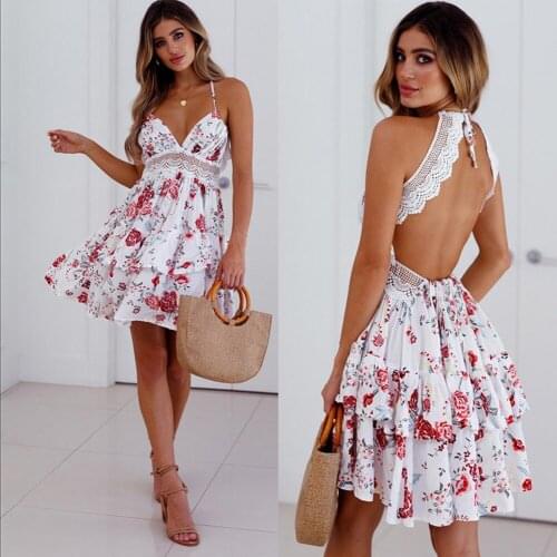 Summer Womens Spaghetti Strap Backless Lace Up Ruffle Mini Dresses Sexy V Neck Sleeveless Lace Patchwork Beach Vestidos Female
