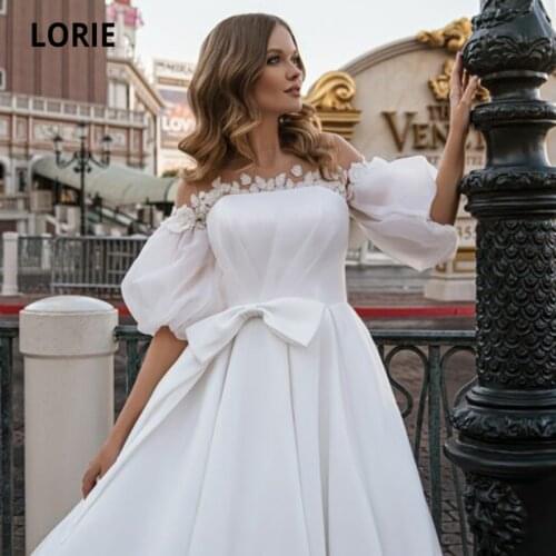 LORIE Country Wedding Dresses for Bride with Detachable Top Short Puff Sleeves A-Line Satin Princess Wedding Gown 2021