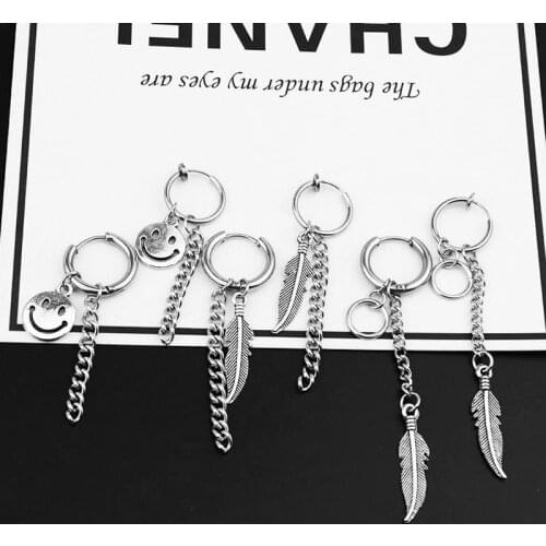 Fashion Men Punk Earrings Feather Tassel Smiley Face Pendant Stainless Steel Stud Earring Unisex Rock Hipster Ear Clip Women Gif