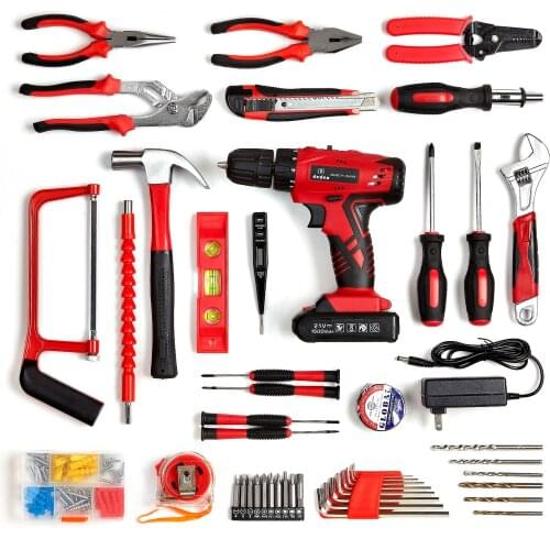 Power Drills 21V Red Tool Kit with Drill 247 In-lb Torque 0-1350RMP Variable Speed 10MM Keyless Chuck 1.3Ah Li-Ion Battery