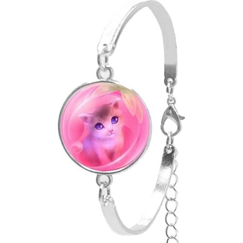 2019 New Ladies Bracelet Art High Quality Cute Cat Glass Convex Round Silver Chain Bracelet Childrens Gift Jewelry