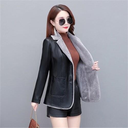 Autumn Winter Women Leather Jackets New Plus Velvet Warm Single Breasted Blazer Coat Female Short Jacket Black Leather Overcoat