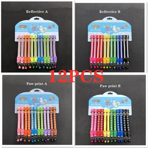 12PCS/Lot Dog Collars Pet Cat Puppy Color Buckle Nylon Collar W/Bell Wholesale Cat Paw Print Adjustable Collar Bell Positioning