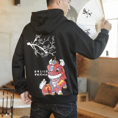 MrGB Chinese Style Lion Dance Graphic Oversize Men Hoodie Vintage Fashion Casual Male Hooded Sweatshirt Branded Men Clothing