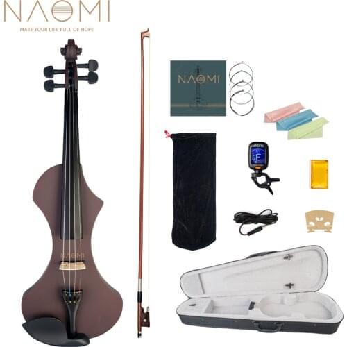 NAOMI 4/4 Full Size Violin With Case Electric Violin Solidwood Body Set w/ Brazilwood Bow+Violin Strings+Rosin+Tuner+Bridge