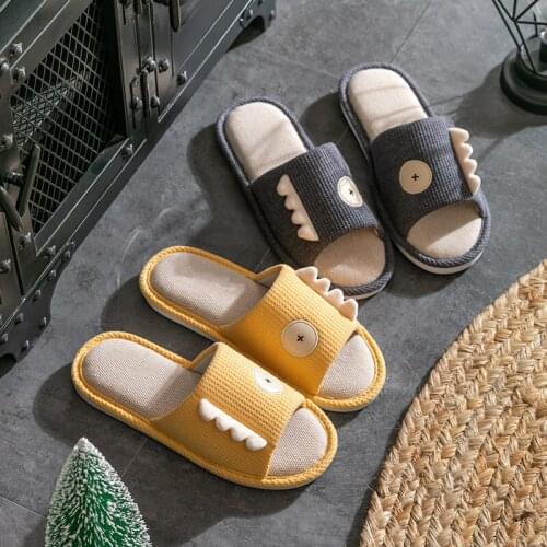 Women Indoor Home Bedroom Floor Soft Thick Bottom Slippers Spring Autumn Cute Cartoon Linen Open Toe Shoes Lovers Flax Flip Flop