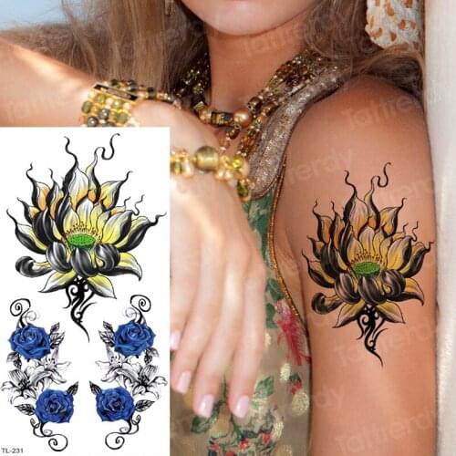 Tattoo temporary flowers lotus tattoo mandala stickers blue rose tribal style indian tattoo color hand rose tattoo body art girl