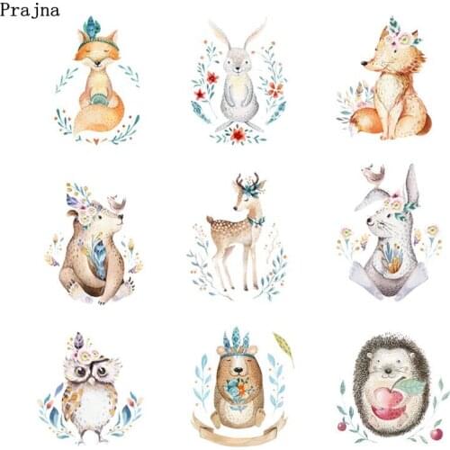 Prajna Deer Owls Heat Transfers Cartoon Rabbit Flower Clothes Thermal Sticker Iron On Patches For Clothing DIY On Kids T-shirt