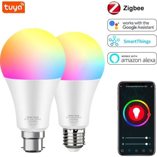 Zigbee Tuya Smart Led Bulb E27 B22 Dimmable Wireless Control Google Home Alexa 110V 220V WiFi Led Lamp 15W RGB and White RGBWW