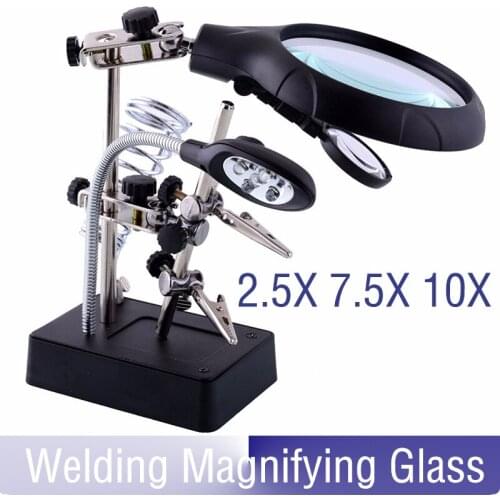 Welding magnifying glass 5 LED Light 2.5X 7.5X 10X lens Auxiliary Clip loupe desktop Magnifier third hand soldering Repair Tool
