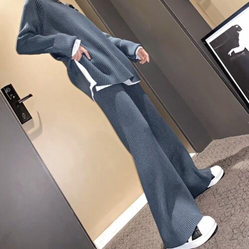 2021 Autumn O-neck Vertical Stripes Knitted Loose Casual Split Sweater + Knitted Drape High Waist Wide Leg Pants Two Piece Set
