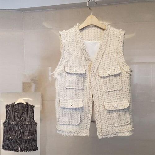 2020 autumn winter women casual v-neck plaid tweed vests sleeveless jackets waistcoat Y716