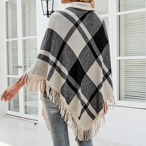 Women Ponchos Turtleneck Tassel Plaid Print Asymmetrical Sweater Fall Winter Loose Warm Ladies Fashion Streetwear Coat Cape