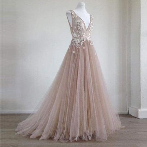Gardenwed A line Blush Pink Evening Dress 2019 de gala Volume Pleat Tulle abiye Sheer Top Formal Dress V Back abendkleider