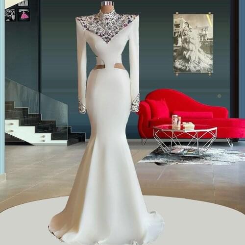 White High Neck Muslim Mermaid Evening Dresses 2021 Long Sleeve Crystal Beads Sexy Backless Satin Prom Party Gown Robe De Soiree