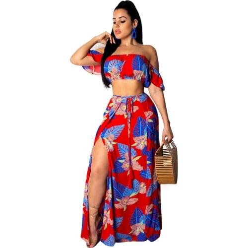 AECU 2021 Women Floral Print Bohobeach Dress Skirt and Top Ruffled Sleeves Slash Neck Crop Top and Split Long Skirt 2 Piece Set
