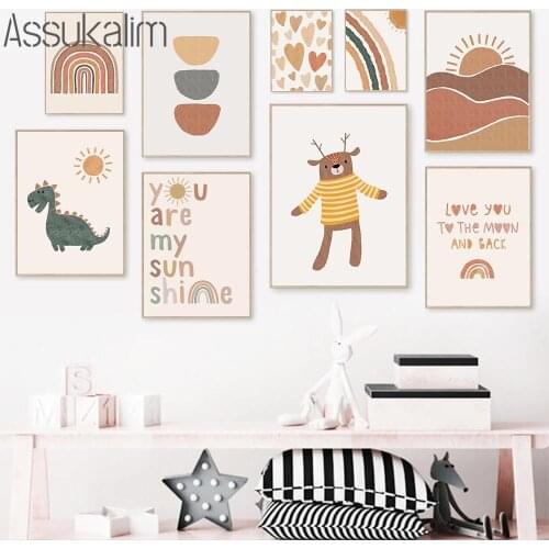 Bear Dinosaur Print Sunshine Rainbow Poster Nursery Canvas Painting Quotes Wall Prints Boho Wall Pictures For Kids Bedroom Decor